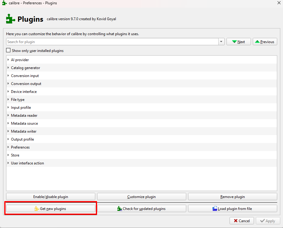 Calibre Preferences screen showing the Plugins option in the Advanced section