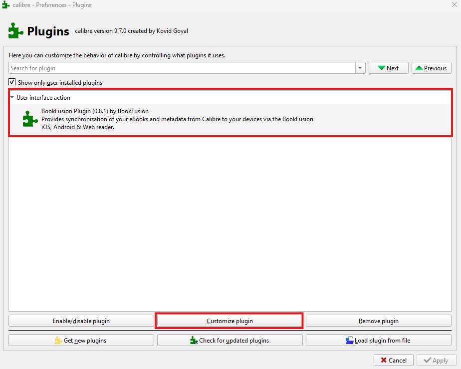 Calibre Preferences showing plugin to customize