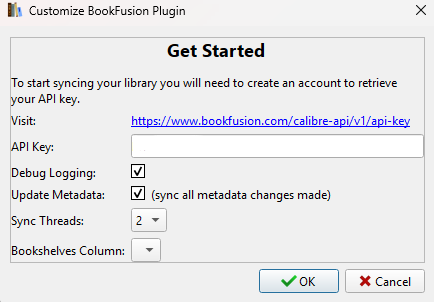Calibre Preferences showing plugin to customize and enter api key
