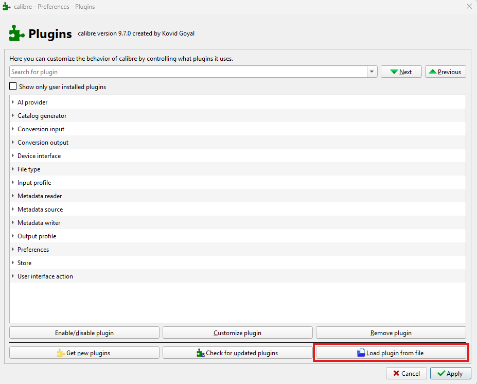 Calibre Preferences showing plugin