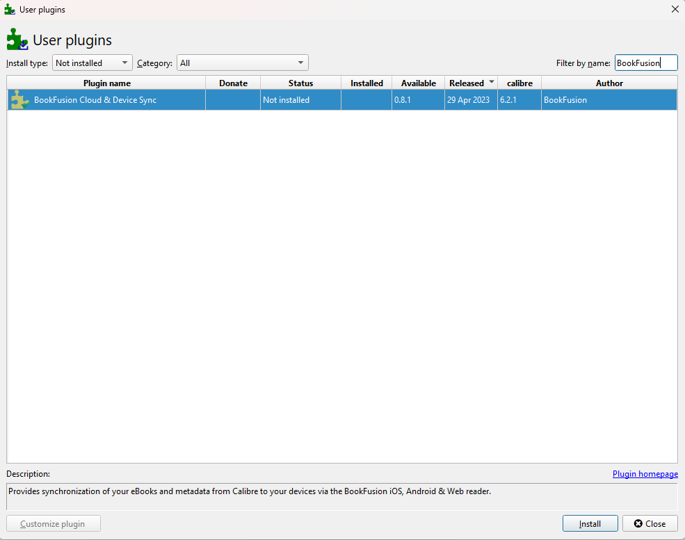 Calibre Preferences screen showing user plugins
