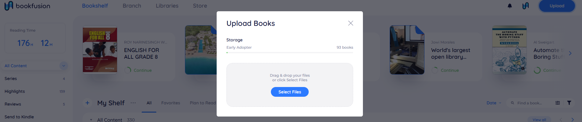 The Upload Books window with the drag-and-drop area and the Select Files button
